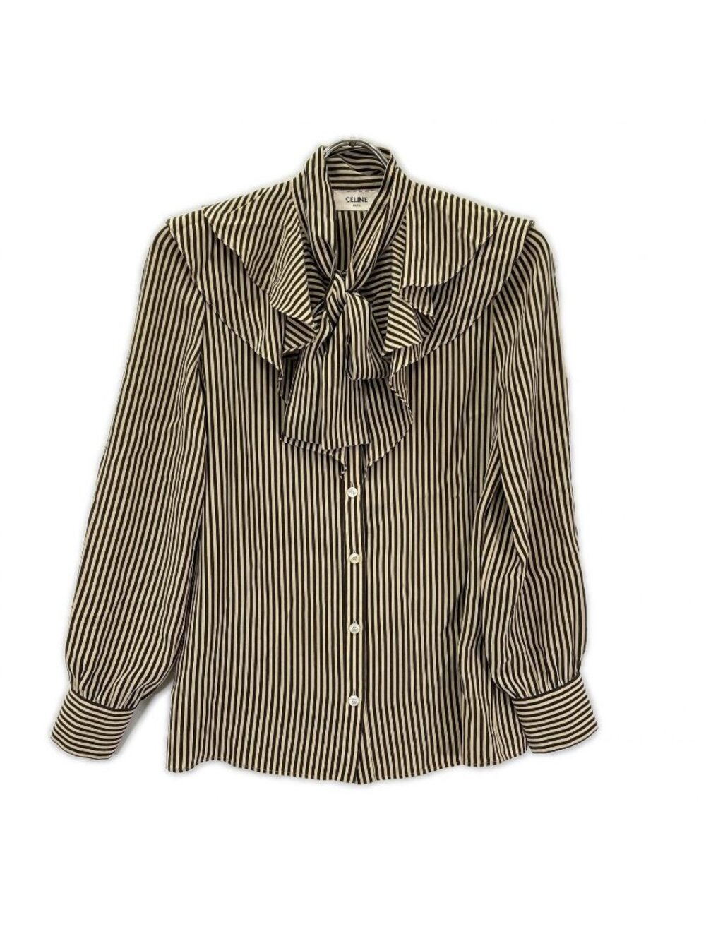 Celine Beige Brown Silk Striped Victorian Blouse 34
